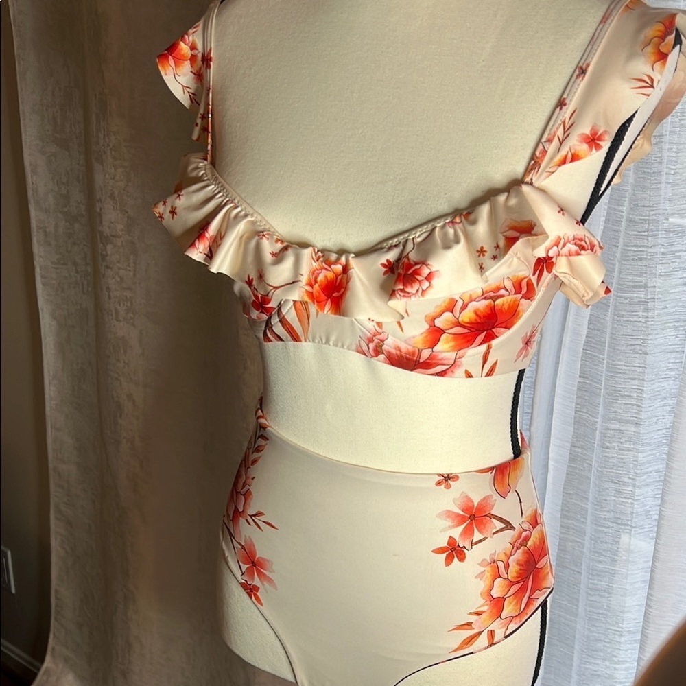 Agua by Agua Bendita Floral Ruffle Bikini - Cream and Red Trendy Retail $385